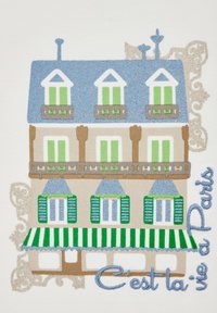 Ilustrācija par daudzlogu ēku ar zilu jumtu, zaļiem aizbāžņiem un svītrainu zaļi-baltu nojumi ar dekoratīviem akcentiem.