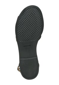 Suela de zapato de goma negra con un patrón de diamante, con un tacón plano y el texto "GEOX" grabado cerca del tacón. Ligera con orificios de ventilación.