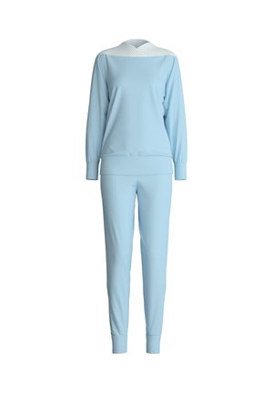 Lichtblauwe trainingsoutfit bestaande uit een langetermijn top met een gestreepte kraag en bijpassende taps toelopende broek; gemaakt van een gladde stof met elastische boorden.