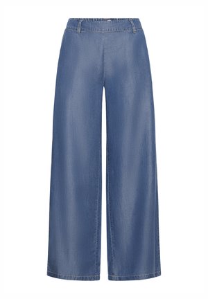 Blauwe wijde denimbroek met elastische tailleband en riemlussen, ontworpen voor een ontspannen pasvorm.
