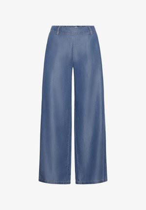 Mėlynos plataus modelio džinsinės kelnės su elastine juosmens juosta ir diržo kilpelėmis, sukurtos laisvesniam prigludimui.