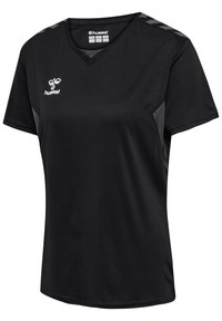 Czarna sportowa koszulka z krótkim rękawem, z szarymi paskami na ramionach, dekoltem w serek i białym logo Hummel na lewej piersi.