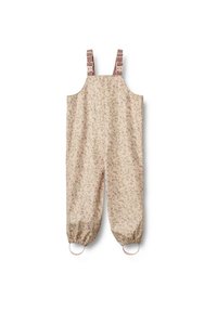 Blumenmuster-Latzhosen in hellbeige, aus weichem Stoff, mit verstellbaren rosa Trägern und elastischen Knöcheln für zusätzlichen Komfort.