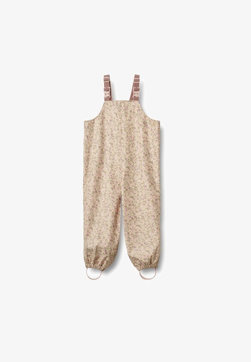 Floral-patterned dungarees in light beige, made of soft fabric, featuring adjustable pink straps and elasticized ankles for comfort.