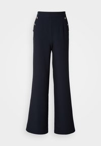 Pantalon large navy à taille haute, avec des accents de boutons dorés et des plis à l'avant. Texture lisse et coupe ajustée.