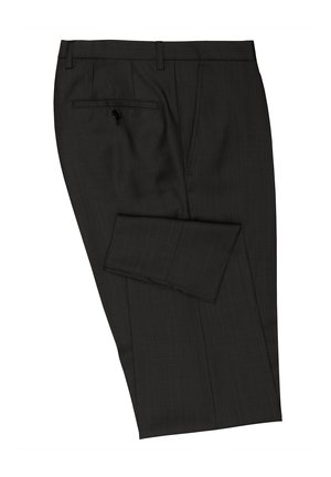 Dunkelgraue, maßgeschneiderte Hose aus einem strukturierten Stoff, mit einer geknöpften Gesäßtasche und einem Bügel an der Vorderseite des Beins.