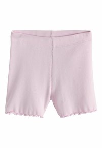 Shorts en tricot côtelé rose clair avec une large ceinture et des bords en forme de feuille à chaque jambe, conçus pour un port confortable.