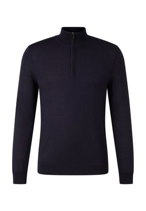 Granatowy pulower z długim rękawem, z stójką i półciągłym zamkiem błyskawicznym. Gładka tekstura i dopasowany krój. Brak widocznych wzorów lub akcentów.