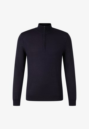 Navy long-sleeve pullover with a stand-up collar and a half-zip closure. Smooth texture and fitted design. No visible patterns or accents.