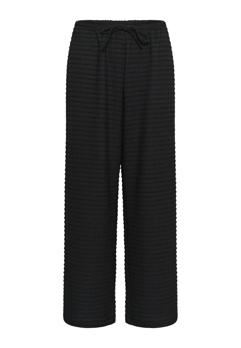 Pantalon noir à jambes larges avec un motif quadrillé texturé et une ceinture élastique avec un cordon à nouer à l'avant.