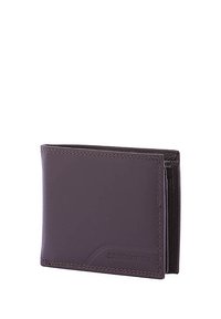 Portafoglio in pelle viola con superficie texturizzata, design a bi-fold, cuciture visibili e un accentuazione del logo sulla parte anteriore. Compatto e funzionale.