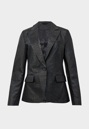 Black faux crocodile leather blazer with single-button closure, notched lapels, and front flap pockets, designed for a fitted silhouette.