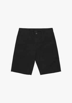 Black cotton shorts with a straight cut, featuring a button closure, two side pockets, and a smooth texture.