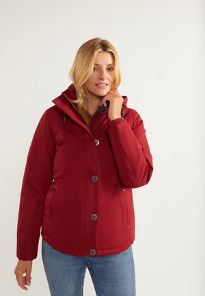Rote isolierte Jacke mit Kapuze, vorn mit Knöpfen zu schließen, grauen Akzenten und einer glatten Textur. Für Wärme und Komfort entworfen.