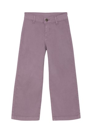 Pantalons larges lilas en coton doux, dotés d'une fermeture à bouton, de passants de ceinture et d'une coupe droite et nette. Texture douce sur l'ensemble.