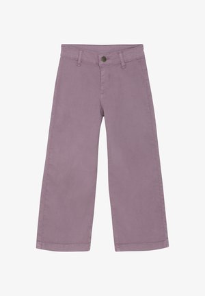 Lila wijde broek van zachte katoen, met een knoopsluiting, lussen voor een riem en schone, rechte zoom. Gladde textuur overal.