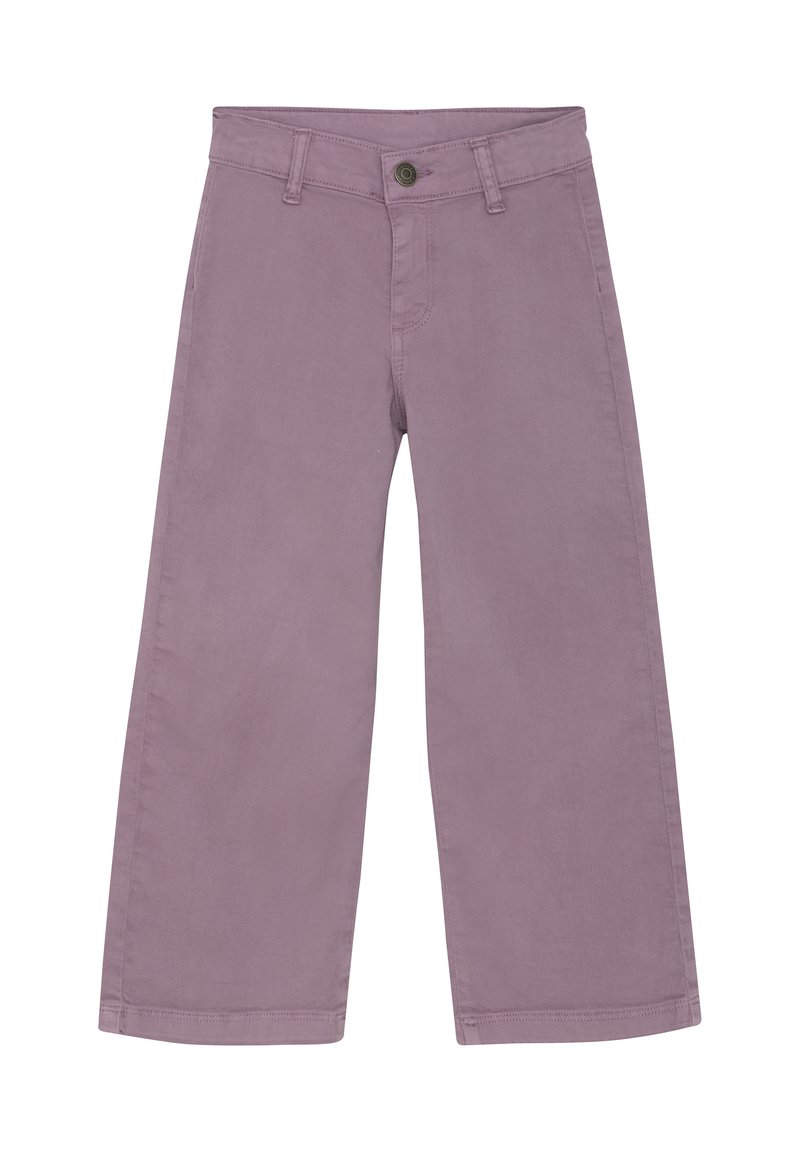 Lila vida byxor i mjuk bomull, med knappstängning, bältesöglor och rena, raka fållar. Slät textur genom hela plagget.