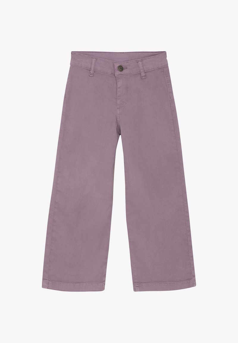 Liliowe spodnie szerokie z miękkiej bawełny, z zapięciem na guzik, szlufkami na pasek i prostymi, czystymi końcówkami. Gładka tekstura na całej powierzchni.