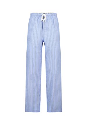 Pantalons de pyjama bleu clair avec un cordon de serrage, des fines lignes verticales bleu marine et une taille élastique.