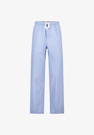 Pantalons de pyjama bleu clair avec un cordon de serrage, des fines lignes verticales bleu marine et une taille élastique.