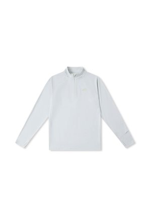 Lichtgrijs langetermijnpullover met een half-rits kraag. Beschikt over een slim fit design, een gladde textuur en een subtiel logo op de borst.