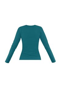 Türkises, langärmliges, eng anliegendes Shirt von hinten auf einem weißen Hintergrund mit rundem Ausschnitt und ohne sichtbare Muster.