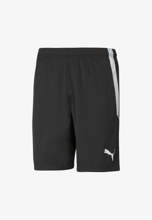 Pantalones cortos deportivos negros hechos de un tejido ligero, con una franja lateral blanca y un logo de Puma blanco en la parte inferior izquierda delantera.