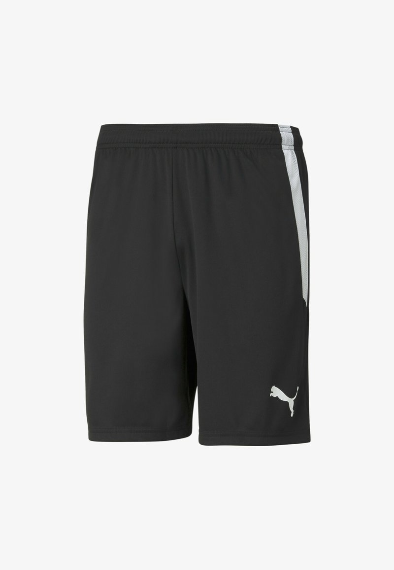 Black athletic shorts made of lightweight fabric, featuring a white side stripe and a white Puma logo on the lower left front.