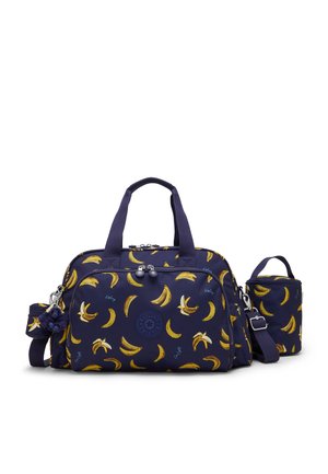 Marineblaue Handtasche mit gelbem Bananenprint, zwei Henkeln, vordere Reißverschlusstasche und passendem kleinem abnehmbarem Täschchen mit Riemen.