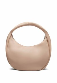 Sac à main en cuir rose doux avec une forme arrondie, une seule anse courbée et une fermeture éclair. Texture lisse avec des accents minimalistes.
