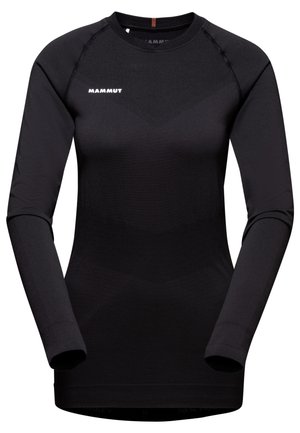 Black long-sleeve top made of moisture-wicking fabric, featuring a round neckline, logo on the chest, and textured pattern on the sleeves.