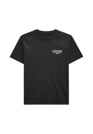 Mustassa lyhythihainen pyöreäkauluksinen t-paita, jossa vasemmassa rinnassa pieni valkoinen Moschino-logo valkoisella taustalla.
