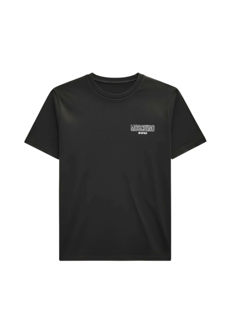 Black short-sleeve crewneck t-shirt with small white Moschino logo on the left chest against a white background.