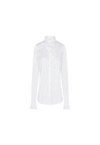 Camicia bianca a maniche lunghe in cotone, con colletto classico e polsini arricciati, chiusura frontale con bottoni. Tessuto morbido, vestibilità aderente.