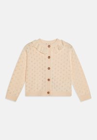Cardigan lavorato a maglia di colore pesco chiaro, caratterizzato da un motivo testurizzato, un colletto volant e cinque bottoni rotondi marroni sul davanti.
