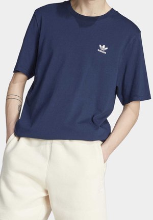 Navy blue cotton t-shirt with short sleeves, rounded neckline, featuring a small white Adidas logo on the left chest.