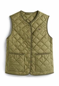 Olivgrüne gesteppte Weste mit rundem Halsausschnitt, Frontknöpfen, zwei Taschen und kontrastierendem Besatz. Verfügt über ein kleines Logo auf der Brust.