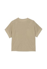 Koszulka z krótkim rękawem w jasnobeżowym kolorze z fakturowanym wzorem w zygzaki. Dzianinowa tkanina, okrągły dekolt i podwinięte rękawy.