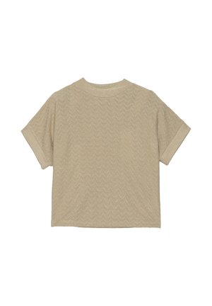 T-shirt a maniche corte in beige chiaro con un motivo a zigzag testurizzato. Tessuto a maglia, collo rotondo e maniche arrotolate.