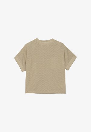 T-shirt a maniche corte in beige chiaro con un motivo a zigzag testurizzato. Tessuto a maglia, collo rotondo e maniche arrotolate.