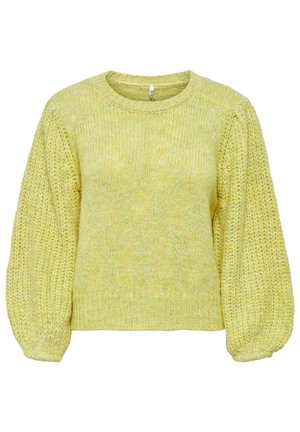 Pull jaune en tricot avec manches longues bouffantes et col rond, avec un motif texturé sur les manches et un ourlet côtelé.