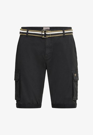 Schwarze Cargo-Shorts mit einem gewebten, mehrfarbigen Gürtel, ausgestattet mit zwei Seitentaschen, einem umgeschlagenen Saum und einem dezenten Logodetail am Bund.