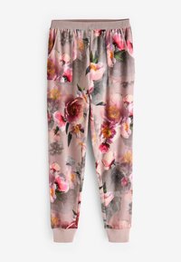 Joggingbroeken met bloemenpatroon in softroze stof, met grote veelkleurige bloemen, zakken en een elastische tailleband en manchetten.