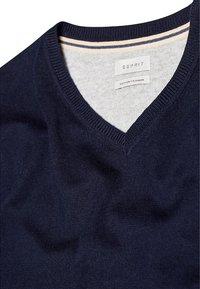 Navy blue cotton-cashmere v-neck sweater with a fine knit texture and subtle light grey collar accents. Brand label visible inside.