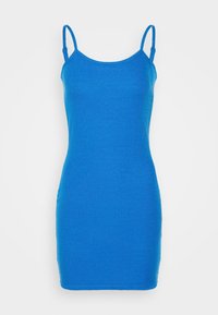 Robe nuisette bleue en tissu doux et extensible. Caractéristiques fines bretelles et silhouette ajustée. Texture lisse sans motifs visibles.