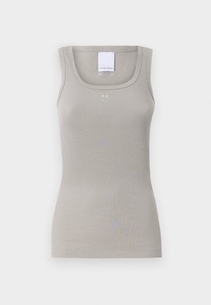 Gray ribbed tank top with a round neckline and narrow straps, featuring a small logo at the center front and a plain, textured surface.