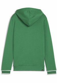 Felpa verde realizzata in misto cotone, con tasca a marsupio, polsini e orlo ribattuti con accenti bianchi, e cappuccio con coulisse.