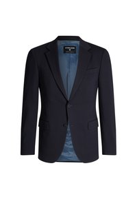 Blazer blu navy realizzato in tessuto testurizzato, con colletto a risvolto, due bottoni e una tasca sul petto. Fodera blu liscia visibile.