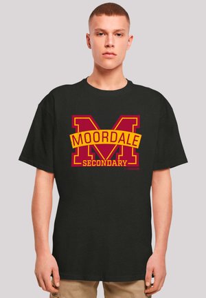 Black cotton t-shirt featuring a large red and yellow graphic with "MOORDALE SECONDARY" text and a prominent "M" logo. Short sleeves.