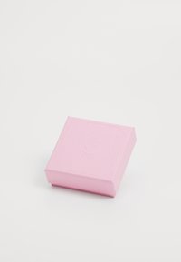 Pink rectangular box with a textured finish and embossed logo on the top, featuring rounded edges and a secure closure.